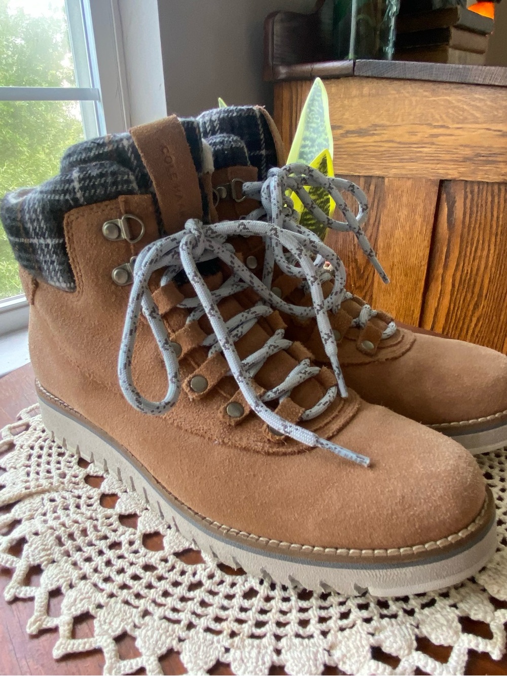 Cole Haan Tan Suede Boot with Plaid Trim Womans Size 7.5 EUC
